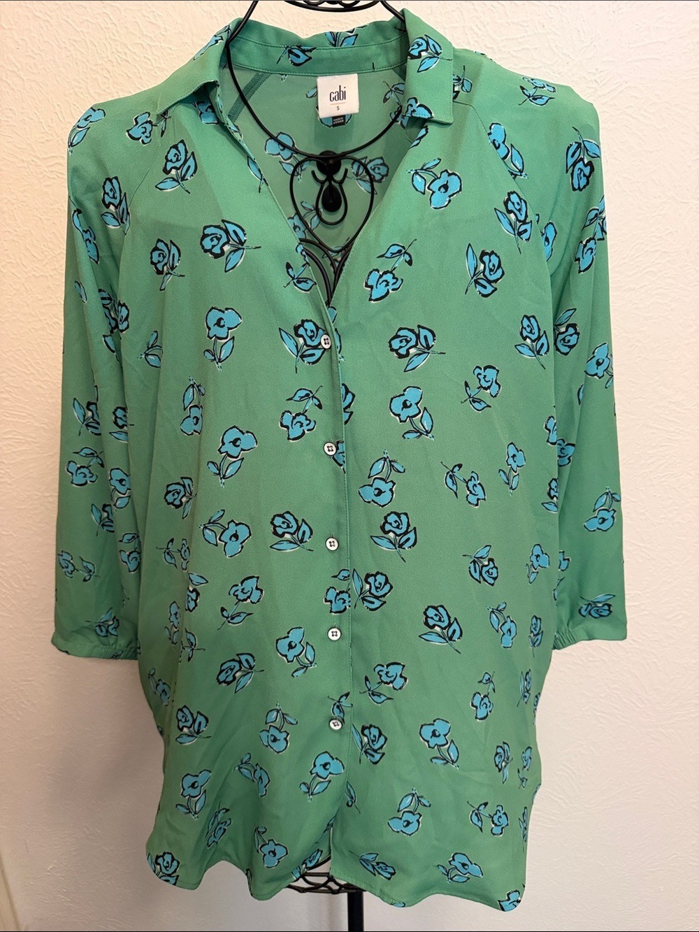 CAbi Green Blouse with Blue Floral Print